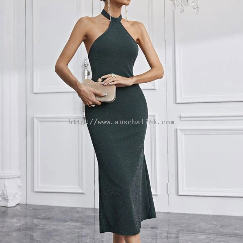 2022 New Sleeveless Solid Color High-waisted Backless Sequins Necktie Sexy Evening Dress for Women