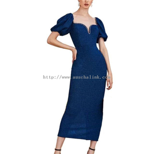2022 New Design Sweetheart Collar Bubble Sleeve Pearl Sequins Elegant Evening Dress for Women