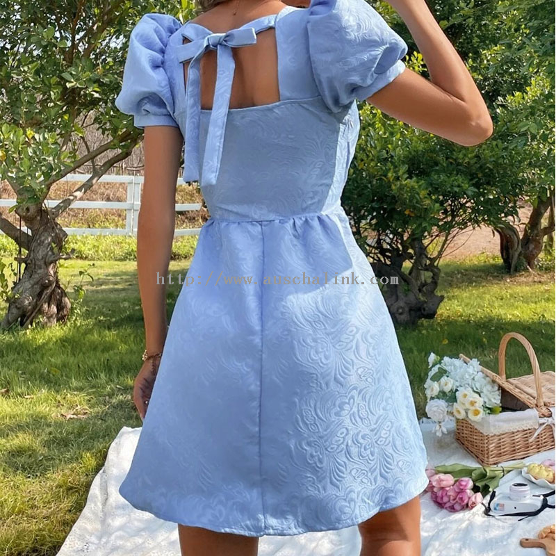 2022 New Square Collar Floral Jacquard Lace Bubble Sleeve Casual Dress for Women