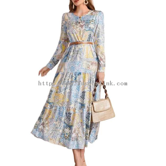 Autumn Long Sleeves Elegant Round Neck Patchwork Printed Flounces Hem Casual Dress for Women