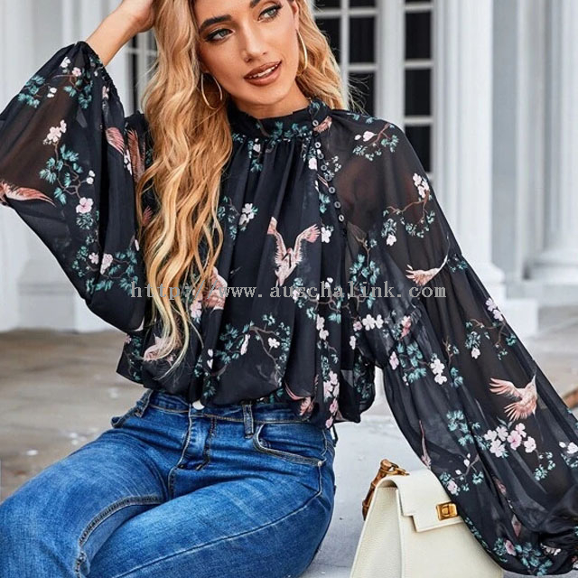 2021 Spring/summer Crane And Floral Printed Lantern Sleeve Stand Collar Chiffon Casual Shirt for Women
