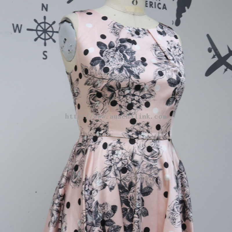 2022 New Waisted Round Neck Zipper Sleeveless Lotus Print Elegant Dress for Women