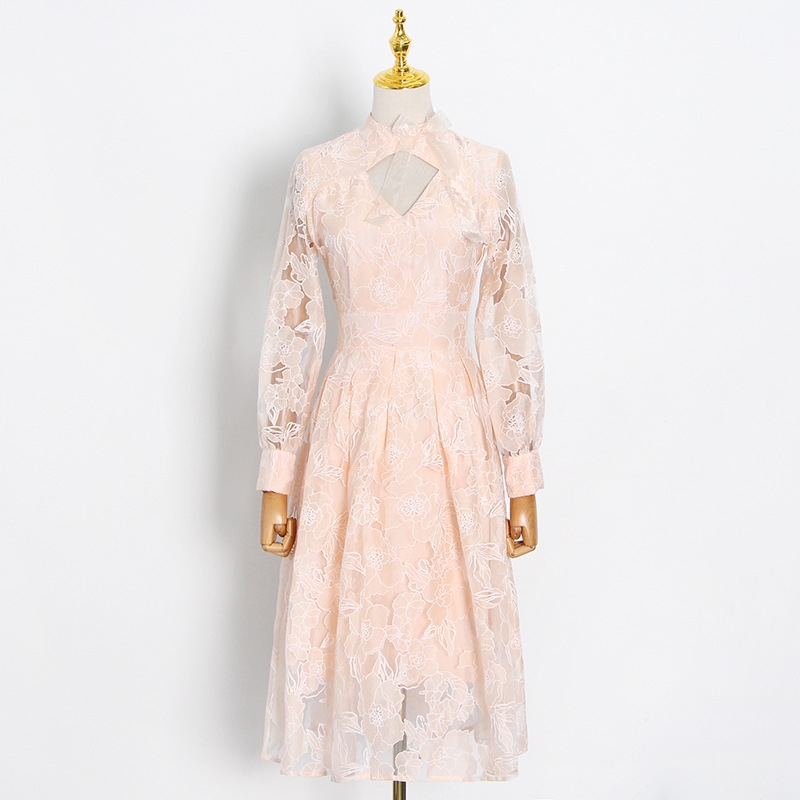 Lace Dress 2022 New Long Sleeve Hook Flower Hollow Elegant Solid Color Swing Dress Women