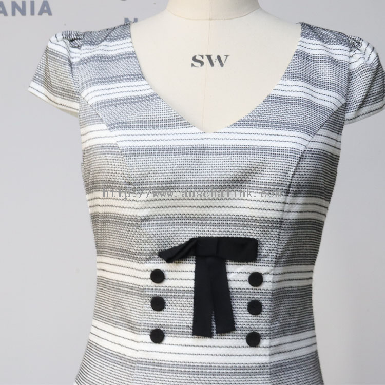 New Design Short - Sleeve V - Collar Stripe Color Bowknot Waist Casual Dress for Women
