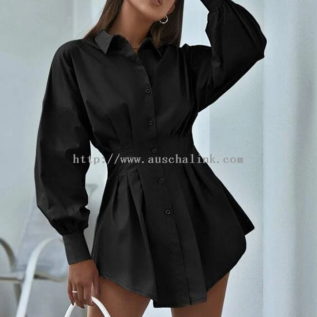 Autumn Lapel Button Front Pleated Waist Drop Shoulder Long Sleeve Loose Shirt Blouse for Women
