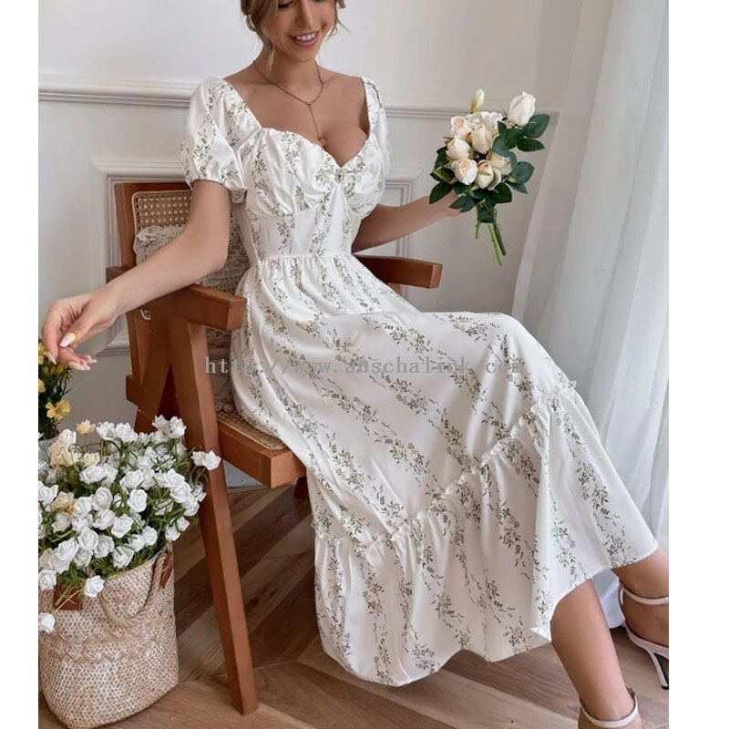 OEM/ODM Spring/summer Full-body Floral Sweetheart Collar Bubble Sleeve Beach Casual Dress Women